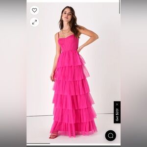 Lulu’s Hot Pink Tulle Bustier Tiered Maxi Dress